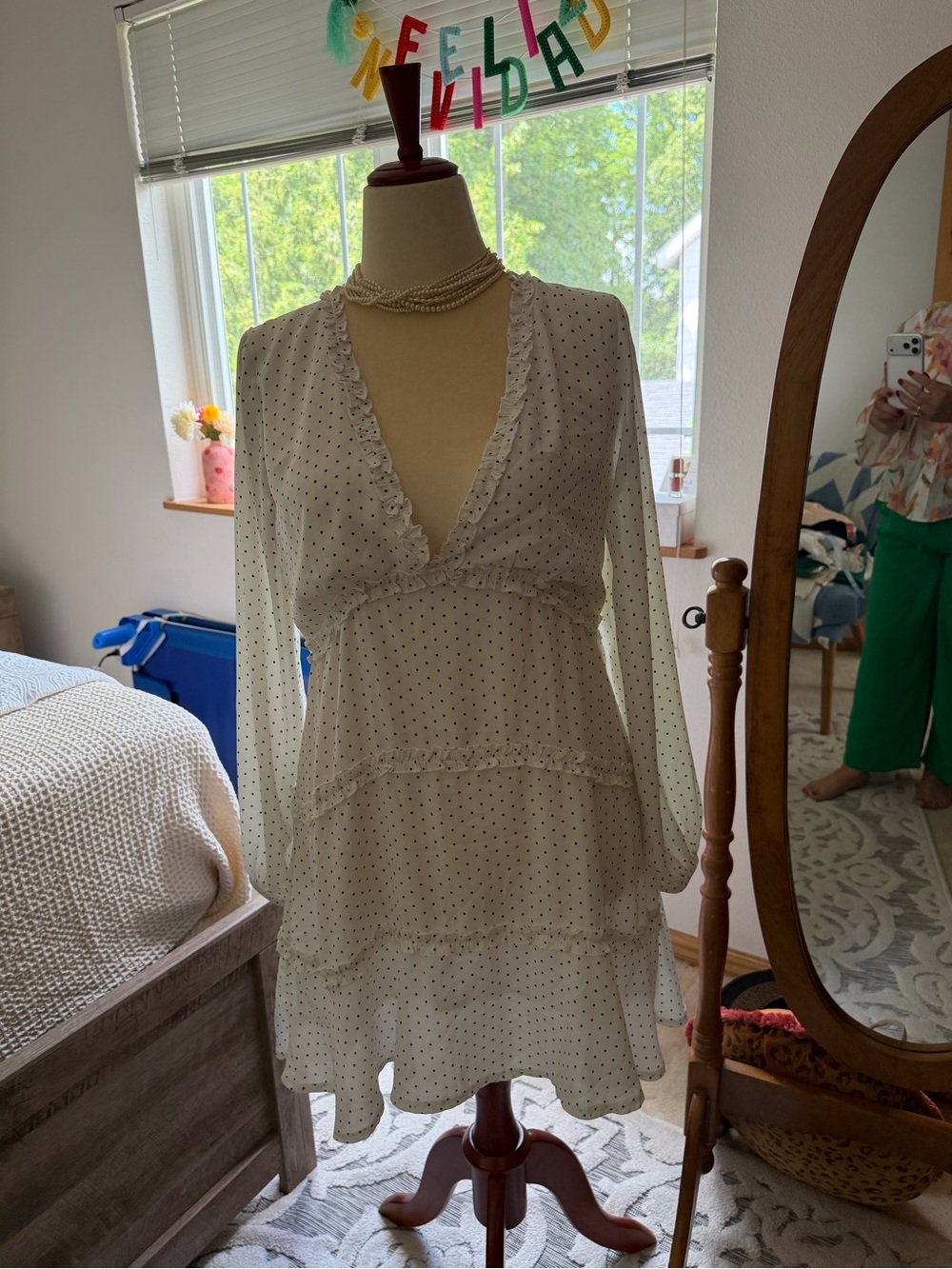 White Polka Dot Mini Dress with Ruffle Trim